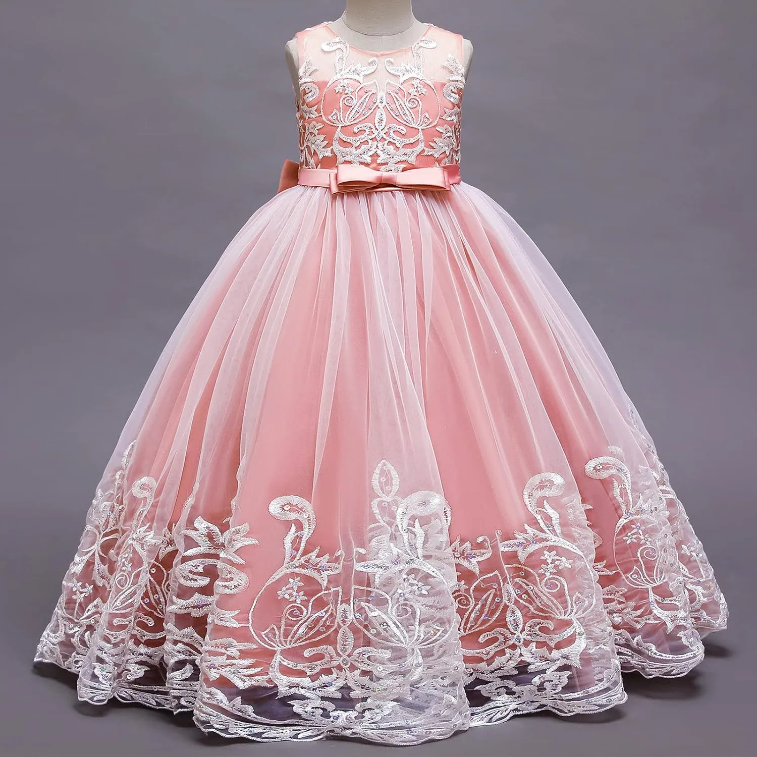 Flower Girls Lace Bridesmaid Dress Kids Wedding Pageant Party Long Prom Formal Ball Gown Princess Puffy Tulle Evening Dress