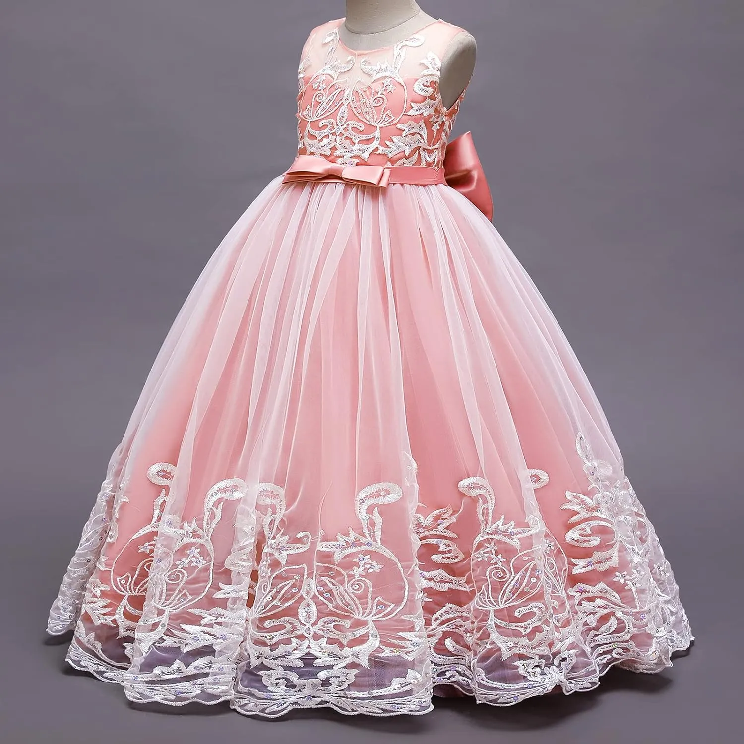 Flower Girls Lace Bridesmaid Dress Kids Wedding Pageant Party Long Prom Formal Ball Gown Princess Puffy Tulle Evening Dress