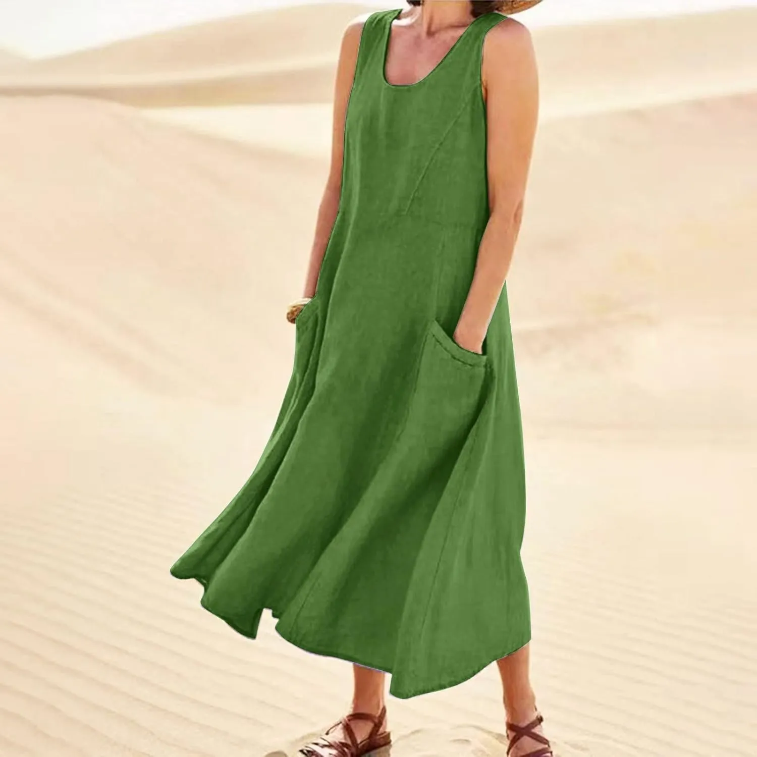 Flowy Beach Sundresd Women's Summer Casual Sleeveless Long Maxi Beach Dress Linen Shift Dresses Dresses Plus Size