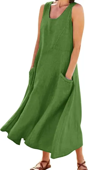 Flowy Beach Sundresd Women's Summer Casual Sleeveless Long Maxi Beach Dress Linen Shift Dresses Dresses Plus Size