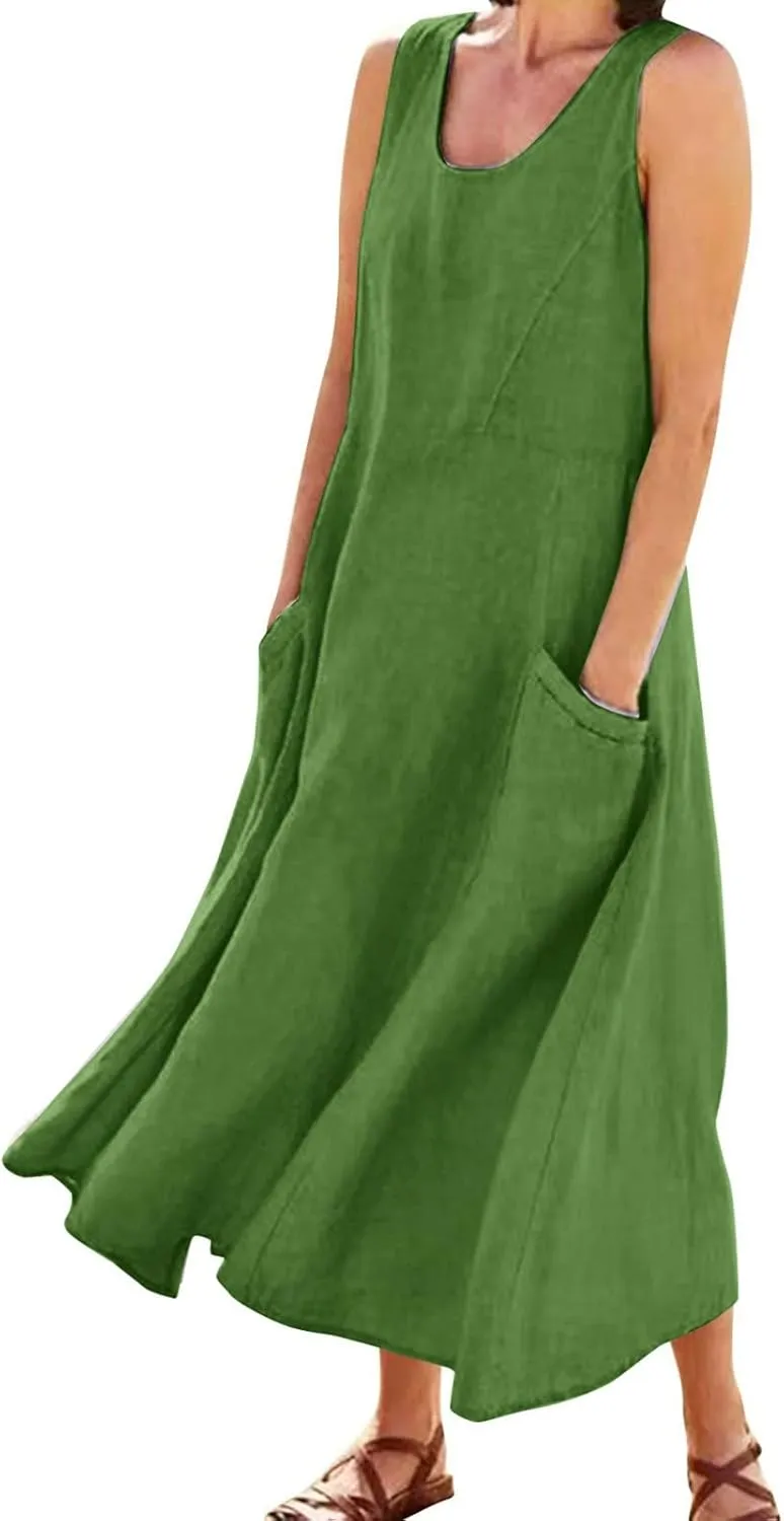 Flowy Beach Sundresd Women's Summer Casual Sleeveless Long Maxi Beach Dress Linen Shift Dresses Dresses Plus Size