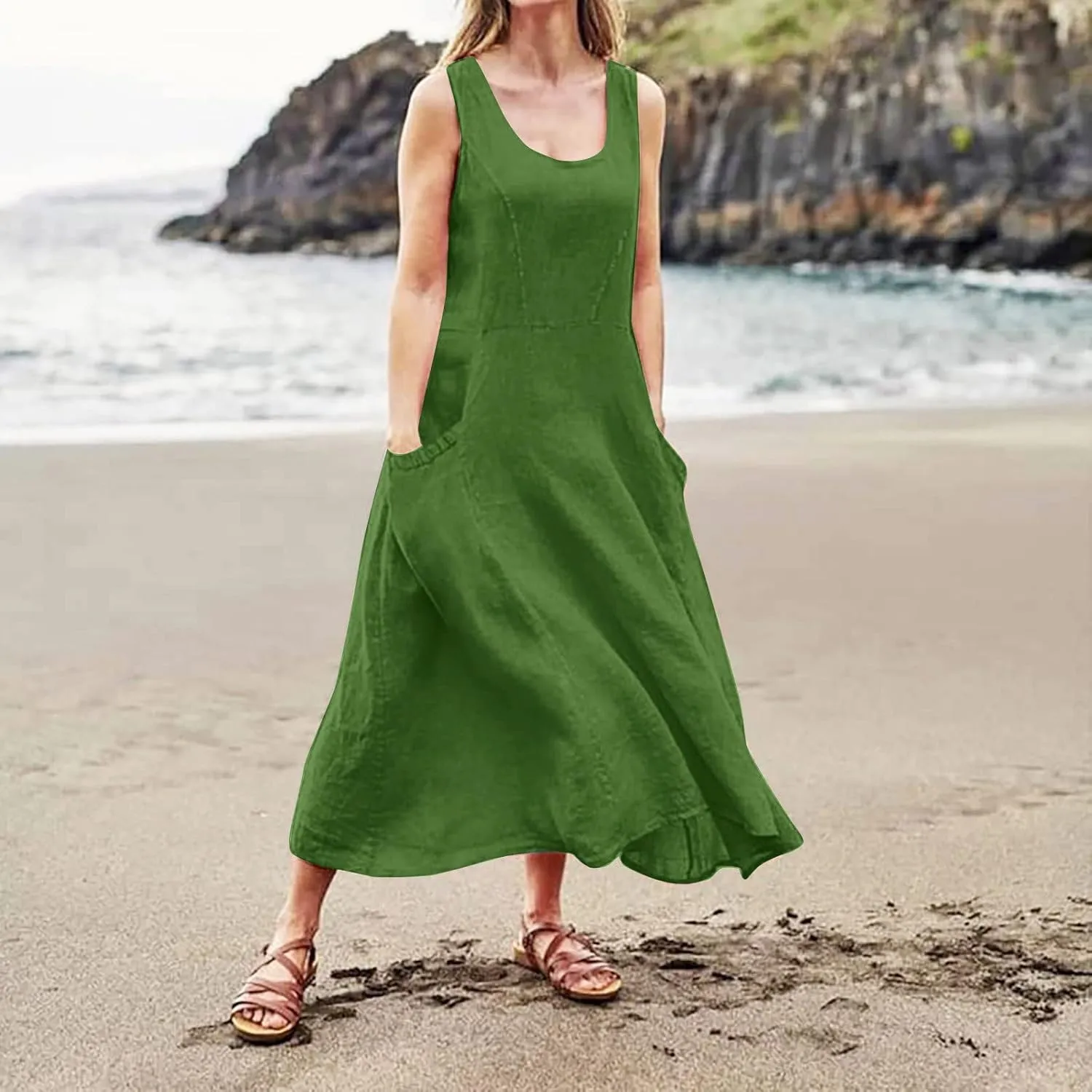 Flowy Beach Sundresd Women's Summer Casual Sleeveless Long Maxi Beach Dress Linen Shift Dresses Dresses Plus Size