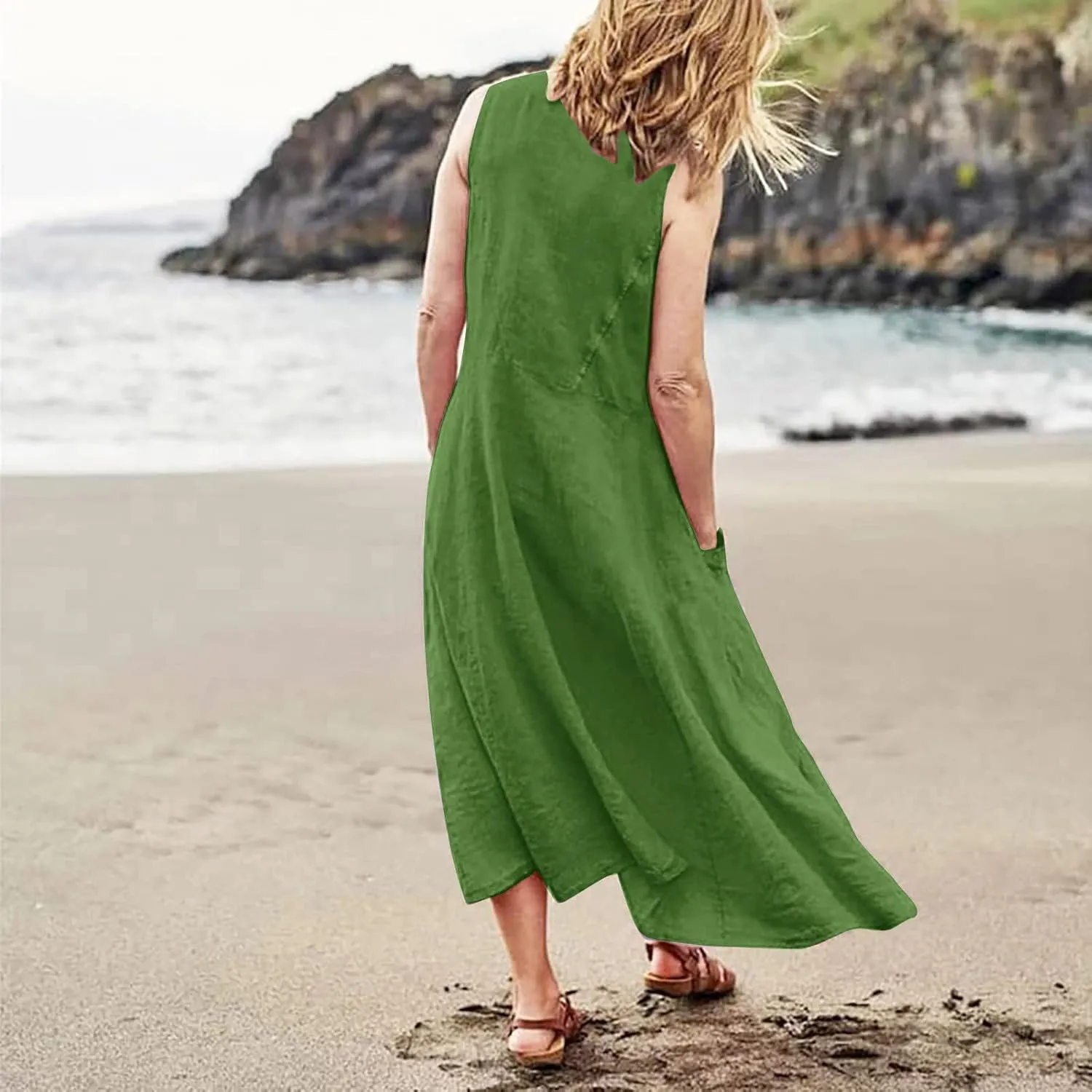 Flowy Beach Sundresd Women's Summer Casual Sleeveless Long Maxi Beach Dress Linen Shift Dresses Dresses Plus Size