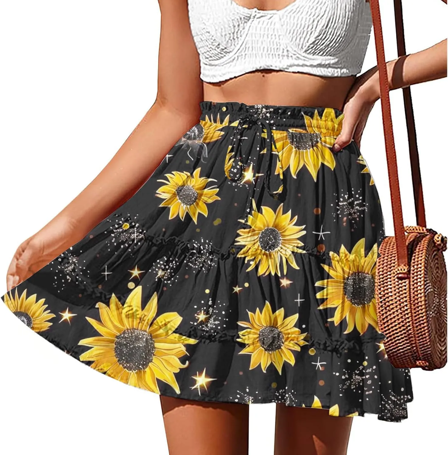 Flowy Floral Mini Skirts for Women High Waisted Boho Skirt Elastic Drawstring Tiered Skirts Ruffle Beach Skirt