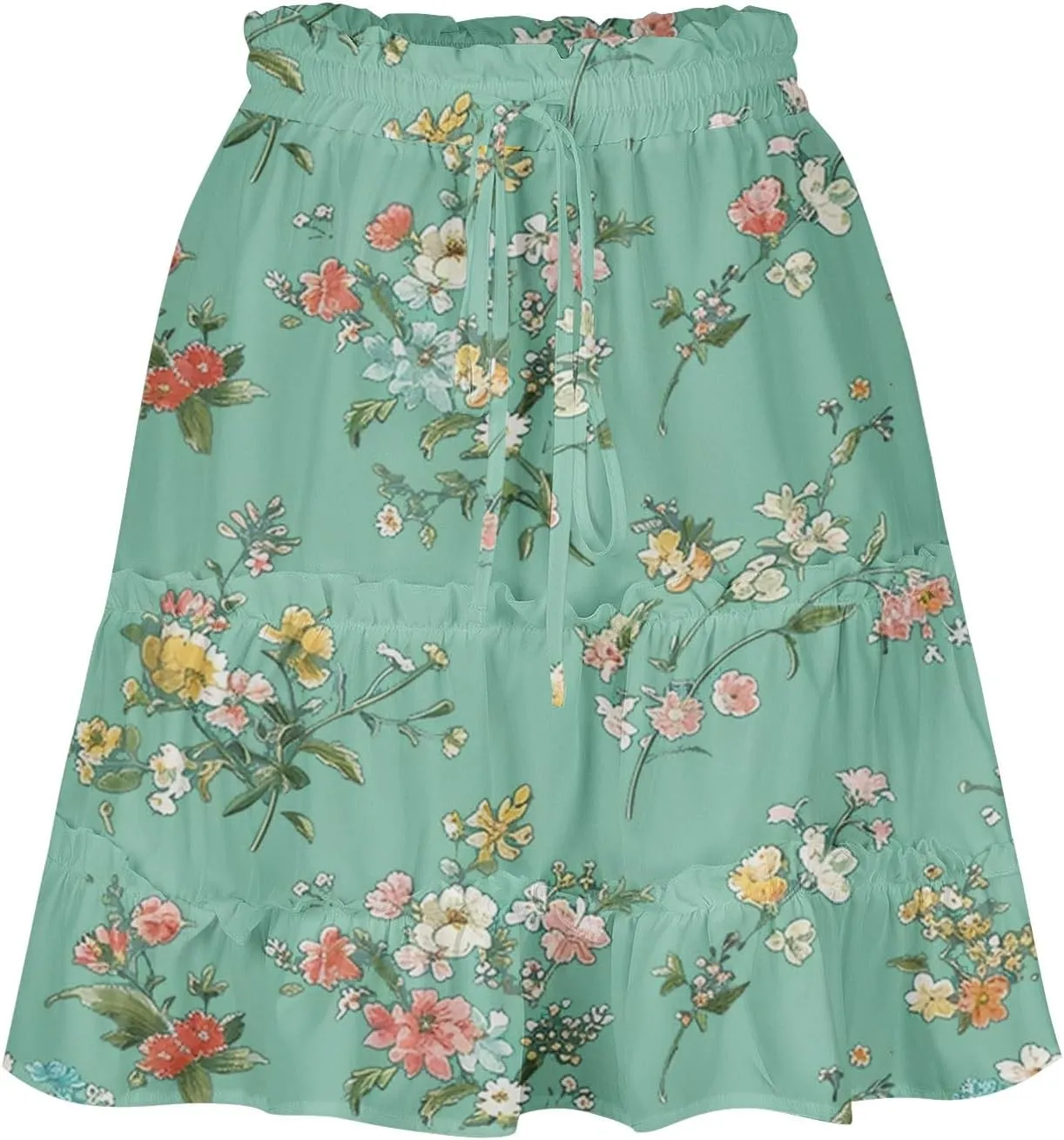 Flowy Floral Mini Skirts for Women High Waisted Boho Skirt Elastic Drawstring Tiered Skirts Ruffle Beach Skirt