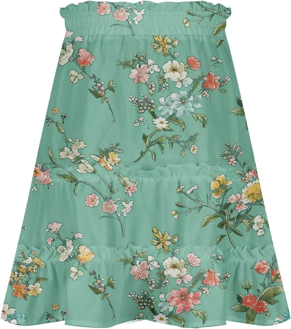 Flowy Floral Mini Skirts for Women High Waisted Boho Skirt Elastic Drawstring Tiered Skirts Ruffle Beach Skirt
