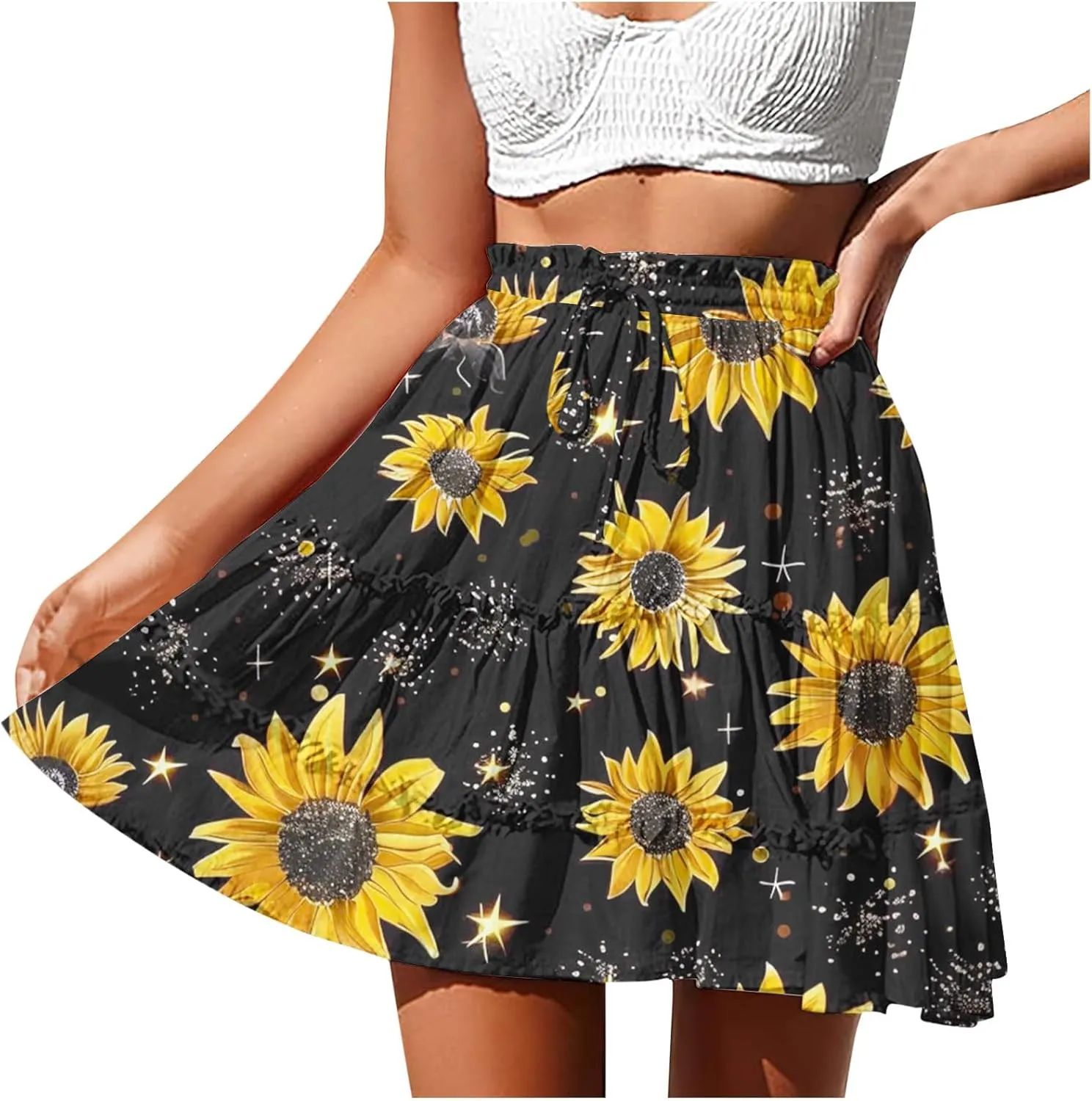 Flowy Floral Mini Skirts for Women High Waisted Boho Skirt Elastic Drawstring Tiered Skirts Ruffle Beach Skirt