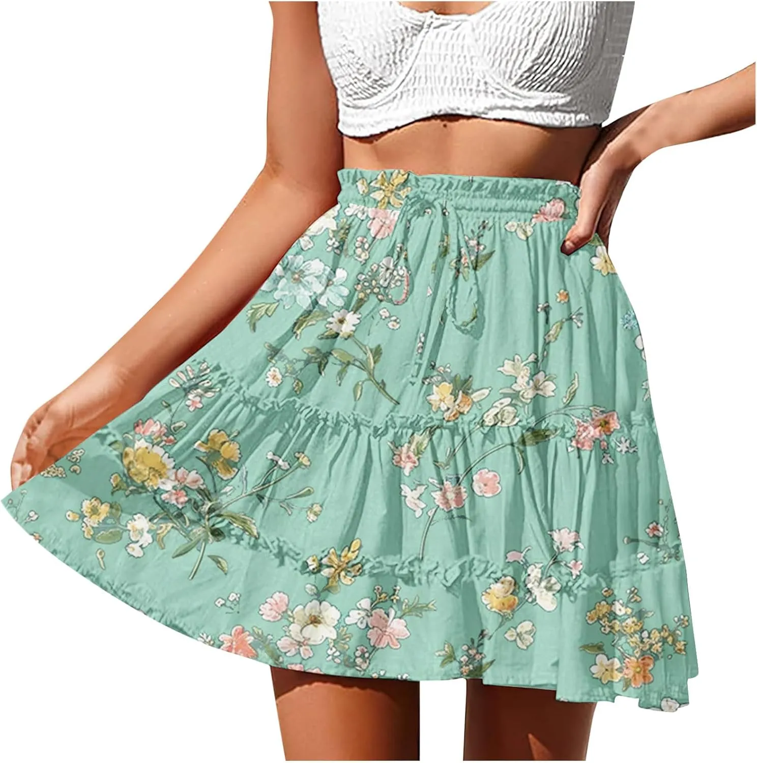Flowy Floral Mini Skirts for Women High Waisted Boho Skirt Elastic Drawstring Tiered Skirts Ruffle Beach Skirt