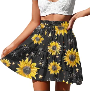 Flowy Floral Mini Skirts for Women High Waisted Boho Skirt Elastic Drawstring Tiered Skirts Ruffle Beach Skirt