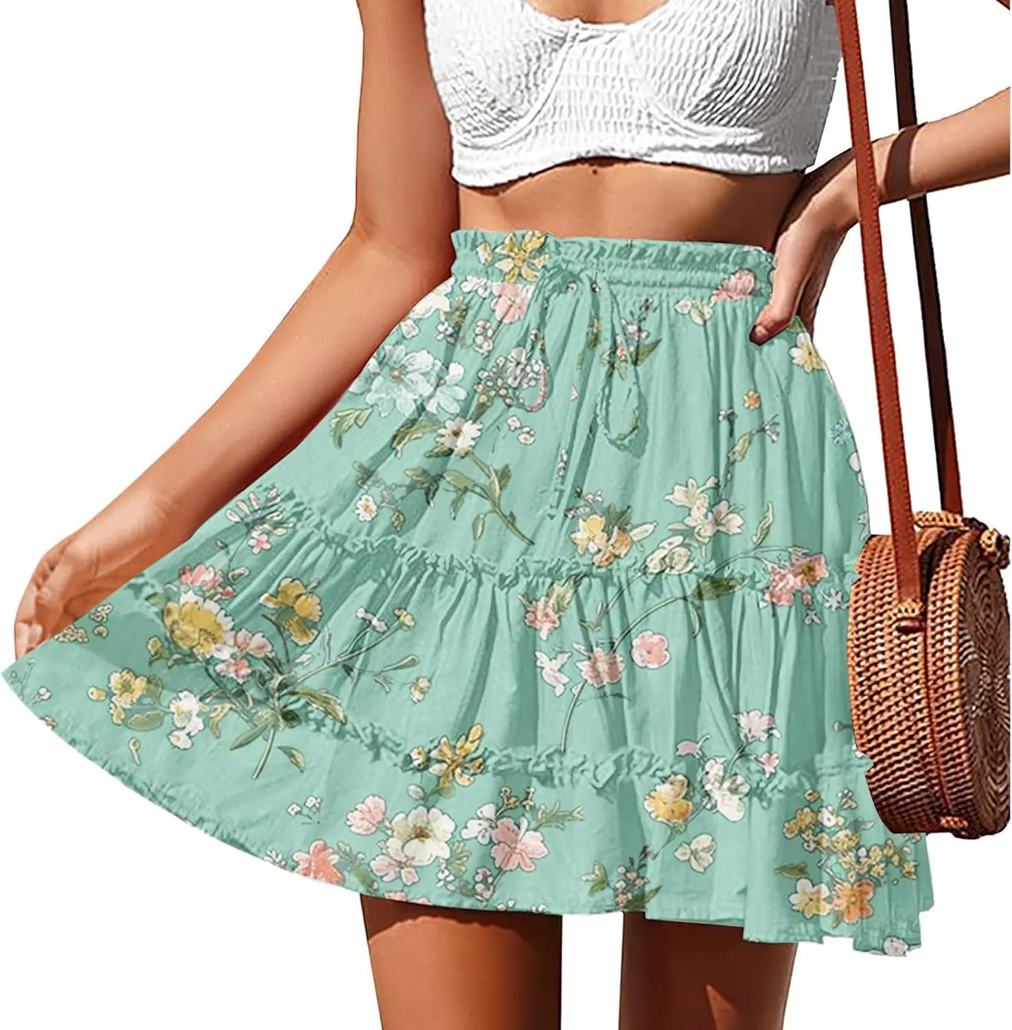 Flowy Floral Mini Skirts for Women High Waisted Boho Skirt Elastic Drawstring Tiered Skirts Ruffle Beach Skirt