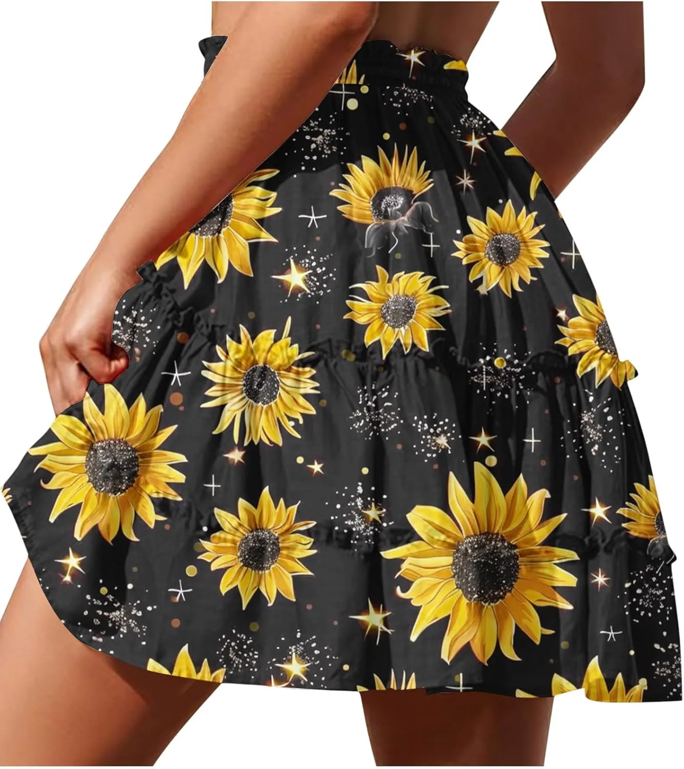 Flowy Floral Mini Skirts for Women High Waisted Boho Skirt Elastic Drawstring Tiered Skirts Ruffle Beach Skirt