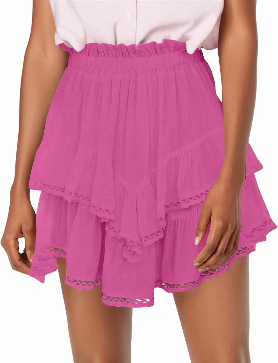 Flowy Skirts for Women Elastic High Waisted Pleated Mini Skirts Casual Summer Y2k Ruffle Skirt Lace Trim Boho Skirts