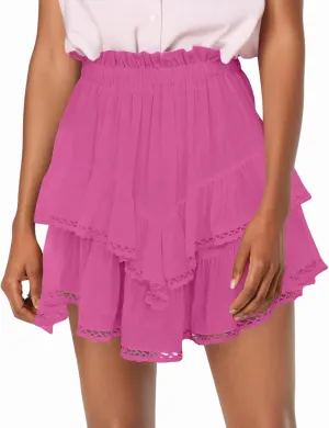 Flowy Skirts for Women Elastic High Waisted Pleated Mini Skirts Casual Summer Y2k Ruffle Skirt Lace Trim Boho Skirts