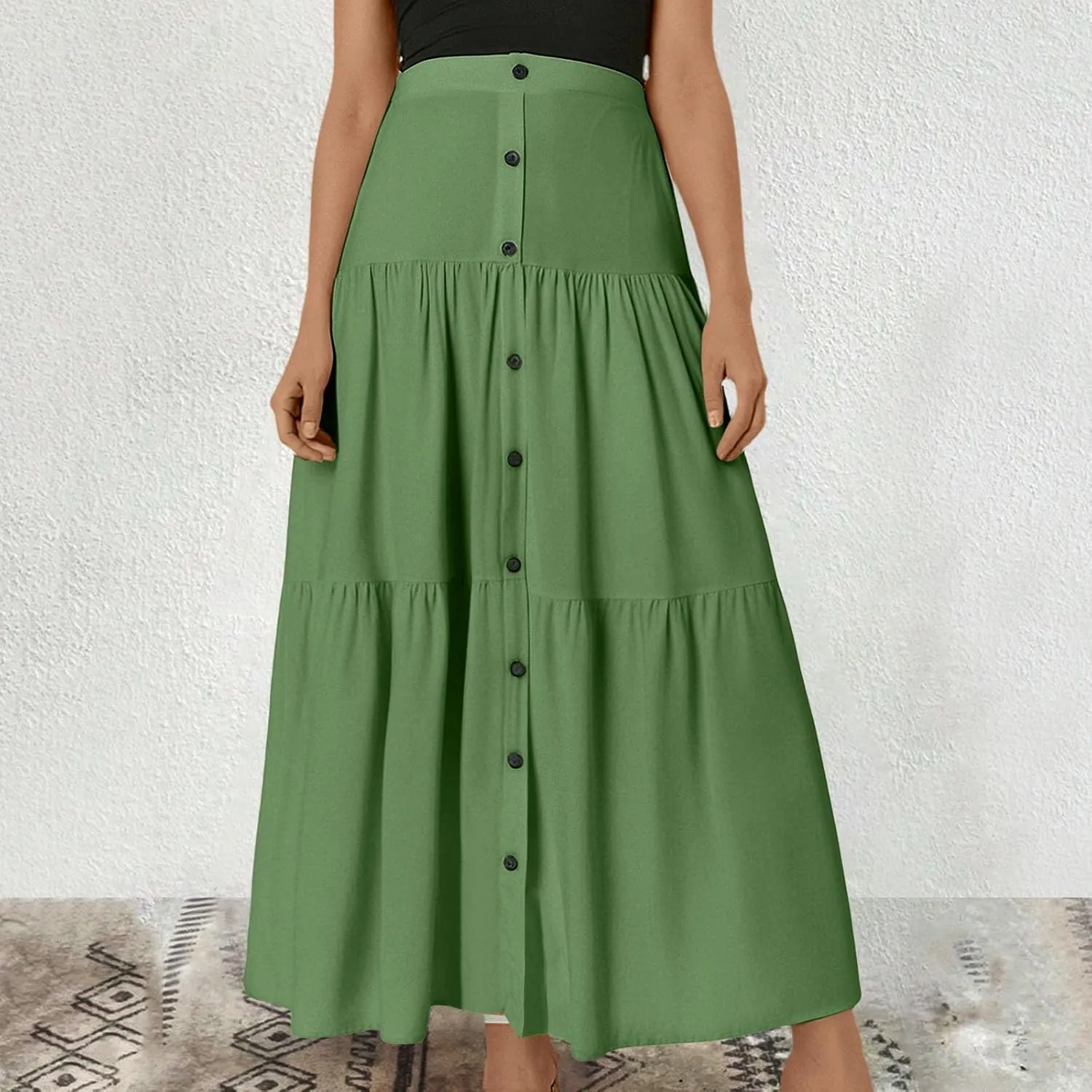 Flowy Skirts for Women Front Button High Waist Tummy Control Solid Pleated A-Line Casual Summer Skirts for Vacation