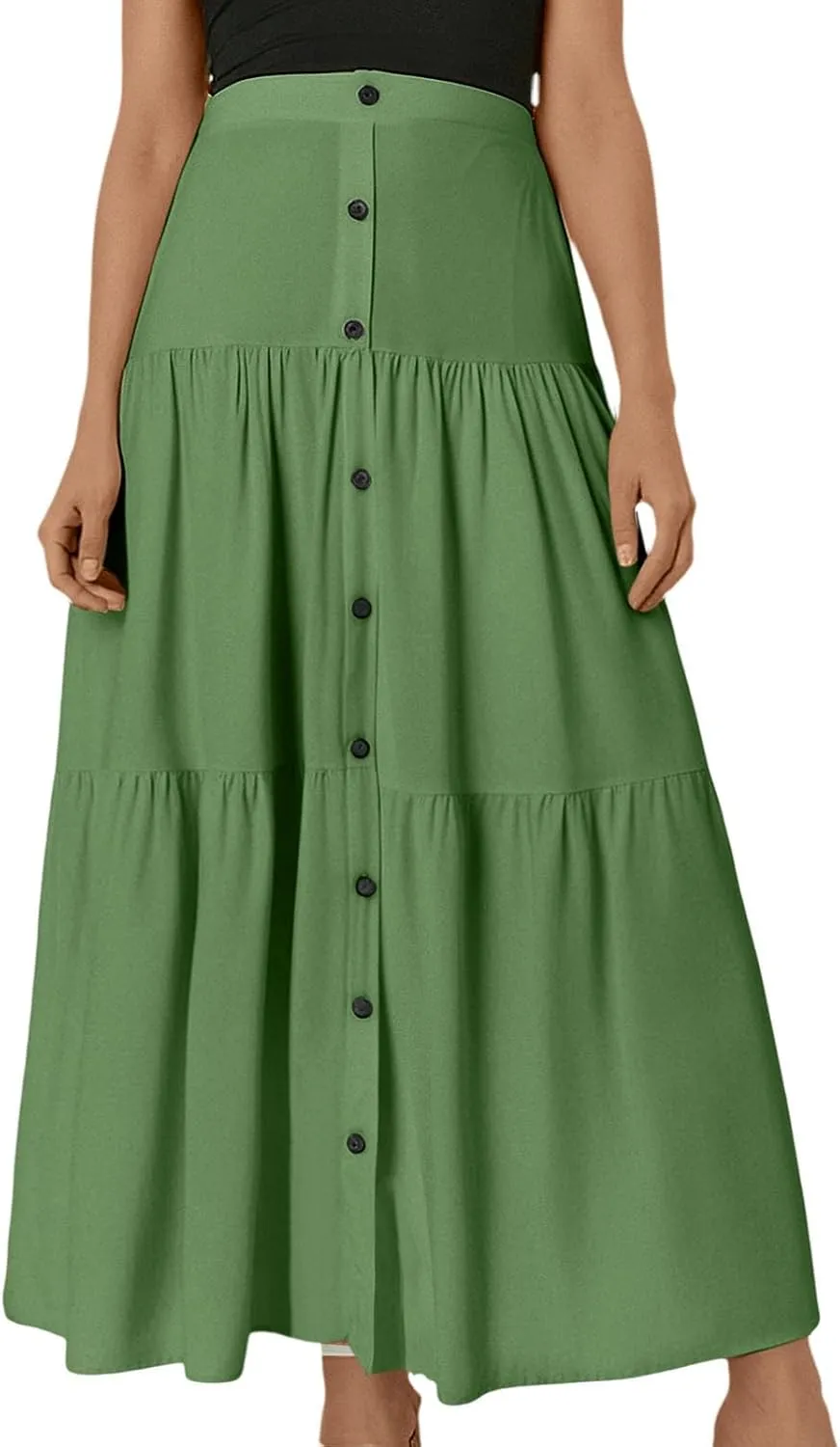 Flowy Skirts for Women Front Button High Waist Tummy Control Solid Pleated A-Line Casual Summer Skirts for Vacation