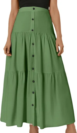 Flowy Skirts for Women Front Button High Waist Tummy Control Solid Pleated A-Line Casual Summer Skirts for Vacation