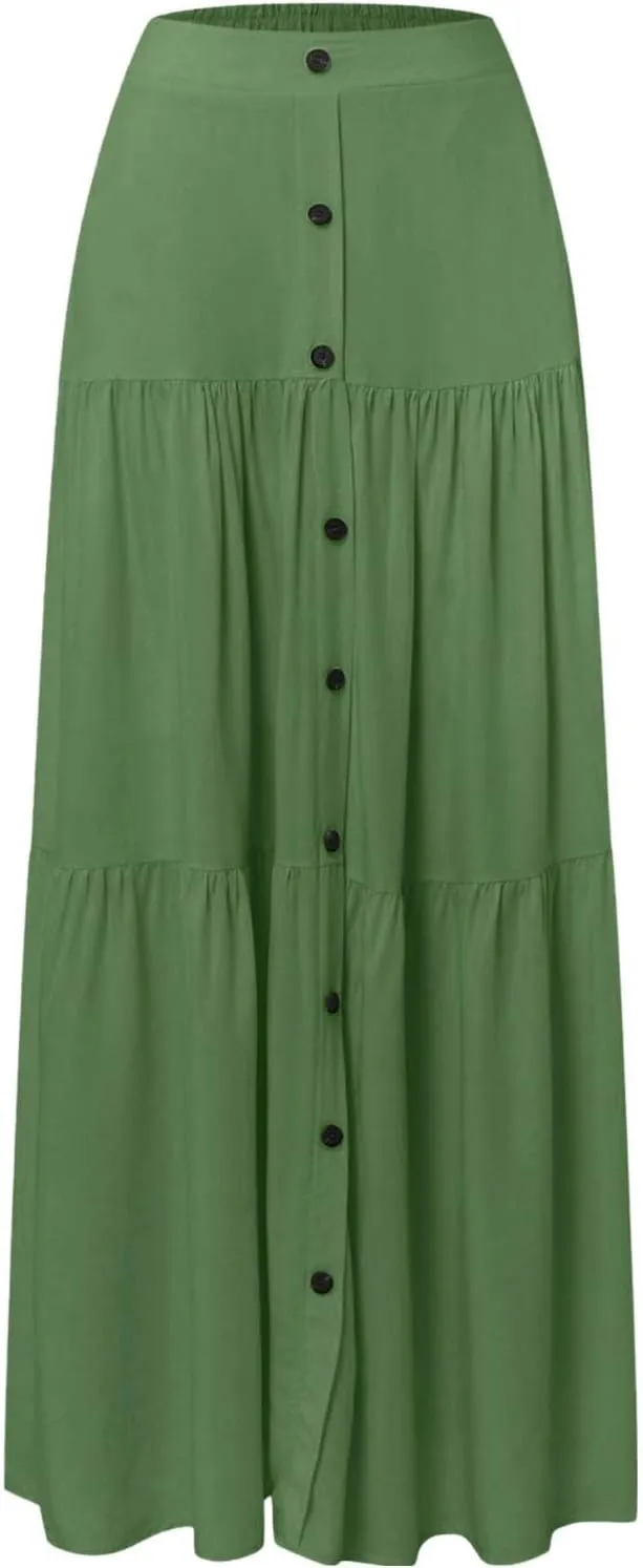 Flowy Skirts for Women Front Button High Waist Tummy Control Solid Pleated A-Line Casual Summer Skirts for Vacation