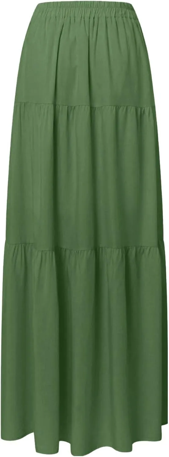 Flowy Skirts for Women Front Button High Waist Tummy Control Solid Pleated A-Line Casual Summer Skirts for Vacation