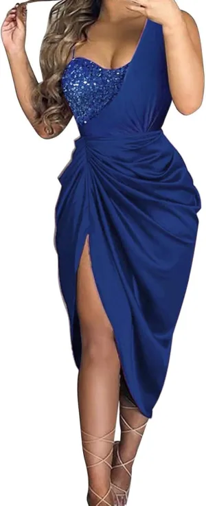 Formal Gowns for Women 2024 Elegant Ruched One-Shoulder Splice Midi Dress Sexy Side Shirring Sleeveless Evening Gowns
