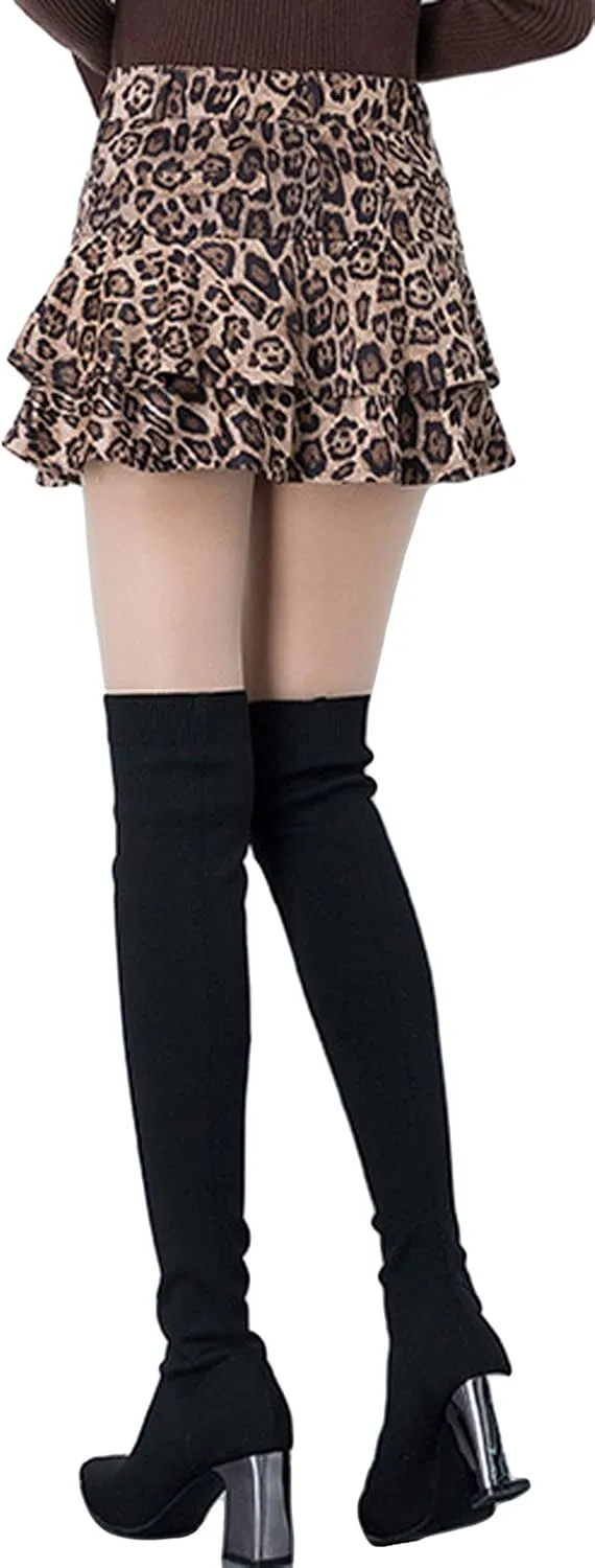 GGUHHU Womens Cute High-Waist Pocketed Pleated Suede Miniskirts Leopard A-Line Skirt