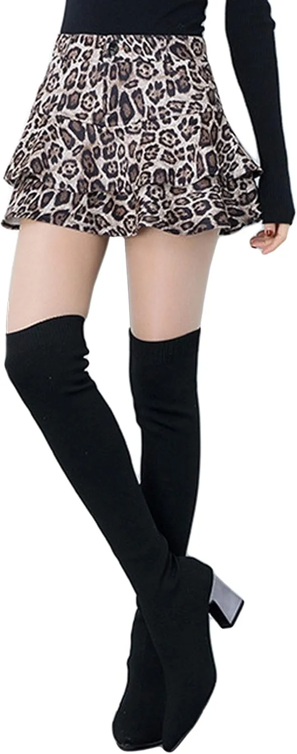 GGUHHU Womens Cute High-Waist Pocketed Pleated Suede Miniskirts Leopard A-Line Skirt