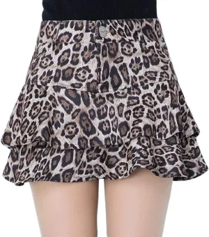 GGUHHU Womens Cute High-Waist Pocketed Pleated Suede Miniskirts Leopard A-Line Skirt