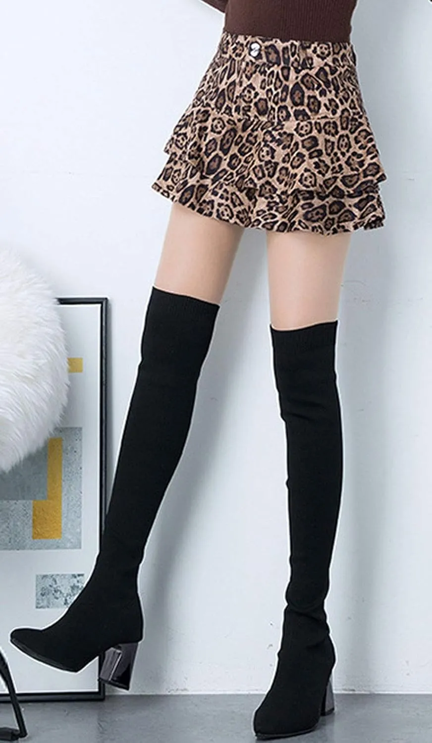 GGUHHU Womens Cute High-Waist Pocketed Pleated Suede Miniskirts Leopard A-Line Skirt