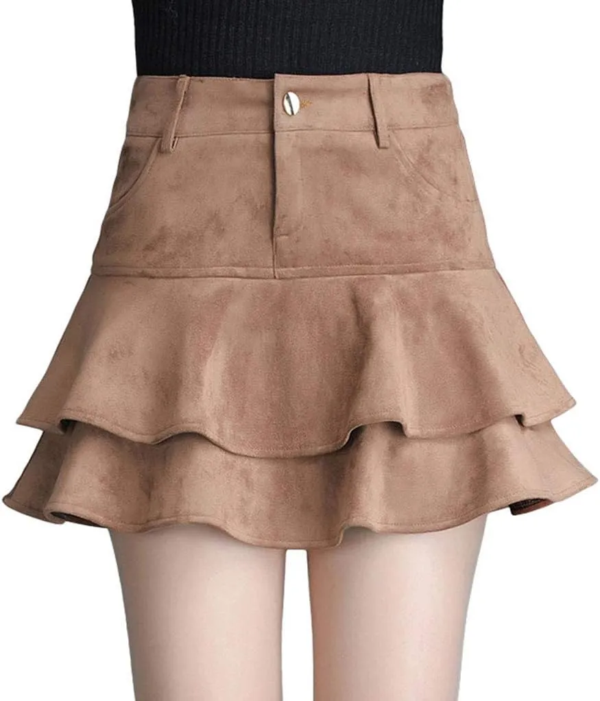 GGUHHU Womens Cute High-Waist Pocketed Pleated Suede Miniskirts Leopard A-Line Skirt
