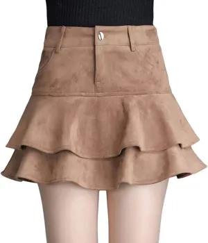 GGUHHU Womens Cute High-Waist Pocketed Pleated Suede Miniskirts Leopard A-Line Skirt
