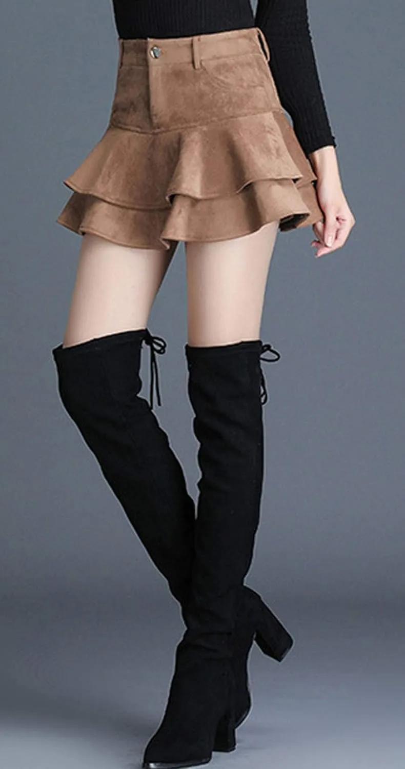 GGUHHU Womens Cute High-Waist Pocketed Pleated Suede Miniskirts Leopard A-Line Skirt