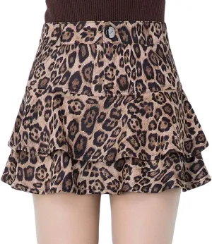 GGUHHU Womens Cute High-Waist Pocketed Pleated Suede Miniskirts Leopard A-Line Skirt