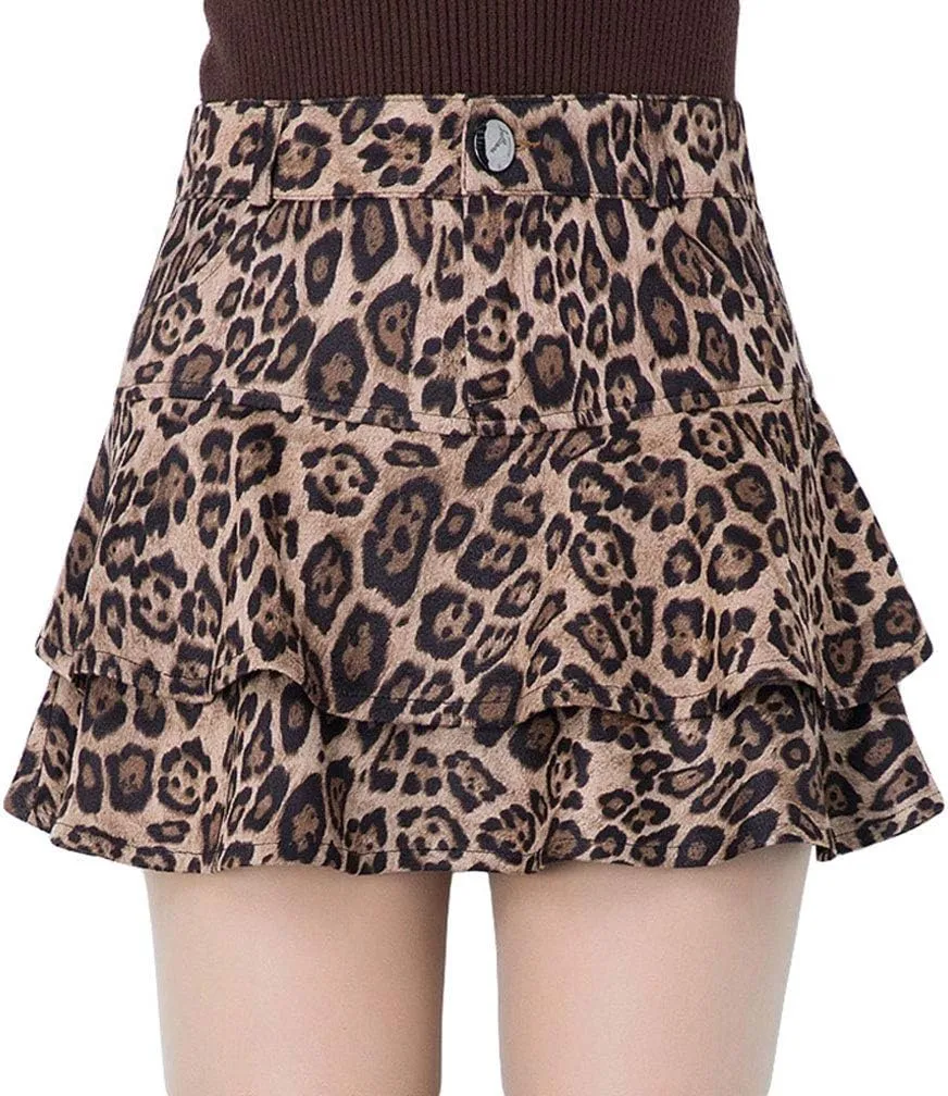 GGUHHU Womens Cute High-Waist Pocketed Pleated Suede Miniskirts Leopard A-Line Skirt