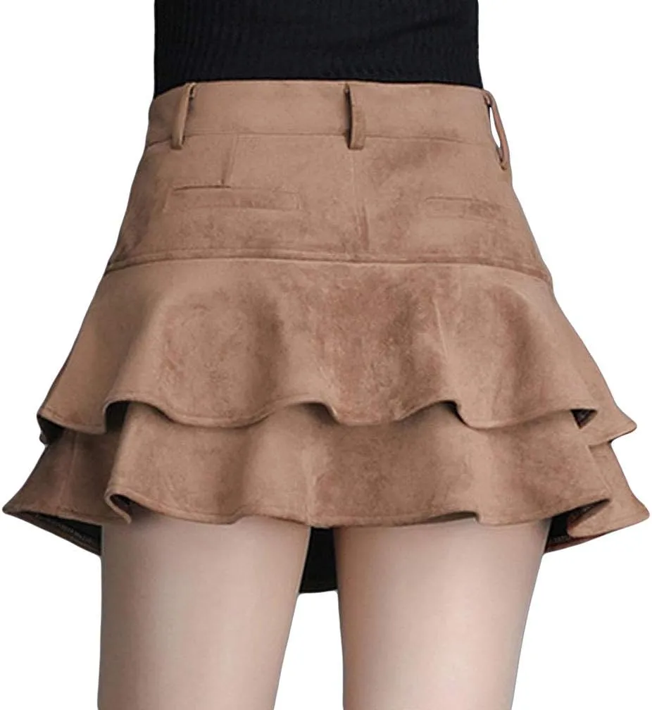 GGUHHU Womens Cute High-Waist Pocketed Pleated Suede Miniskirts Leopard A-Line Skirt