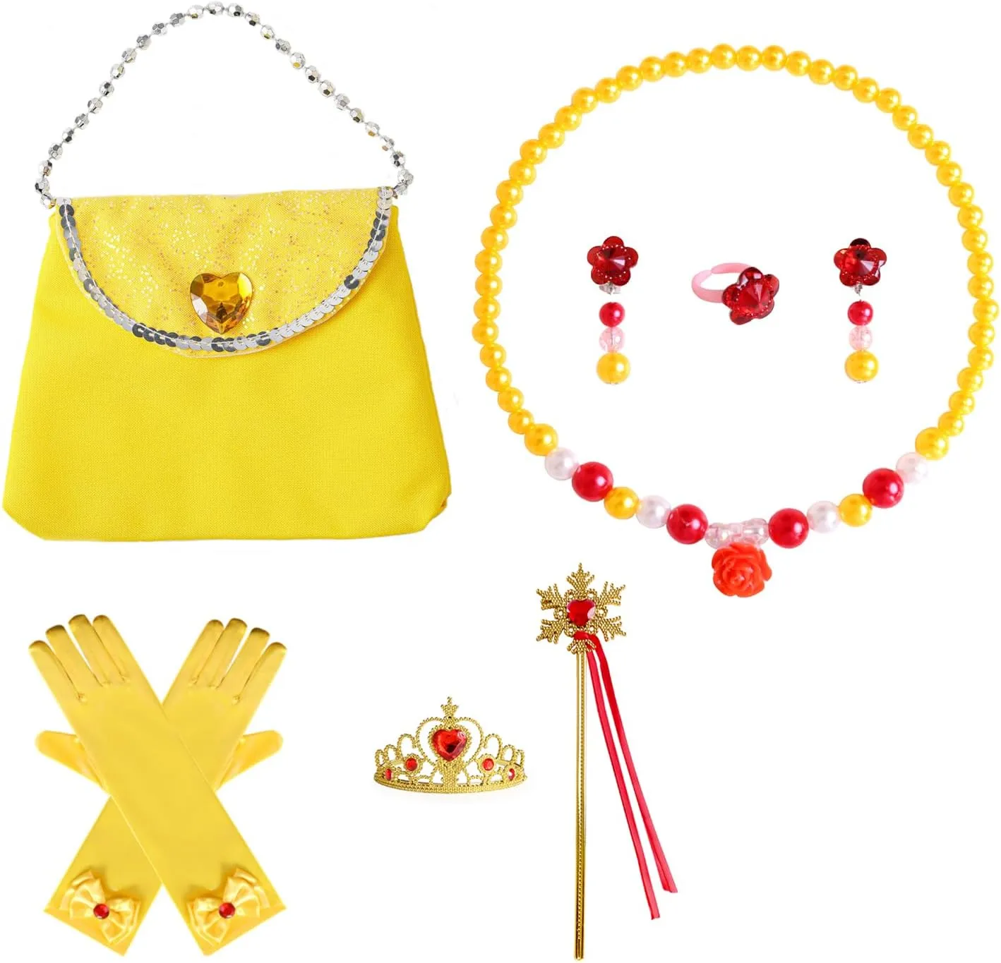 Girls Belle Princess Dress Kids Yellow Princess Costume Girls Belle Dress Up with Jewelry Accessories 5-6Years