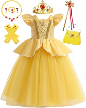 Girls Belle Princess Dress Kids Yellow Princess Costume Girls Belle Dress Up with Jewelry Accessories 5-6Years