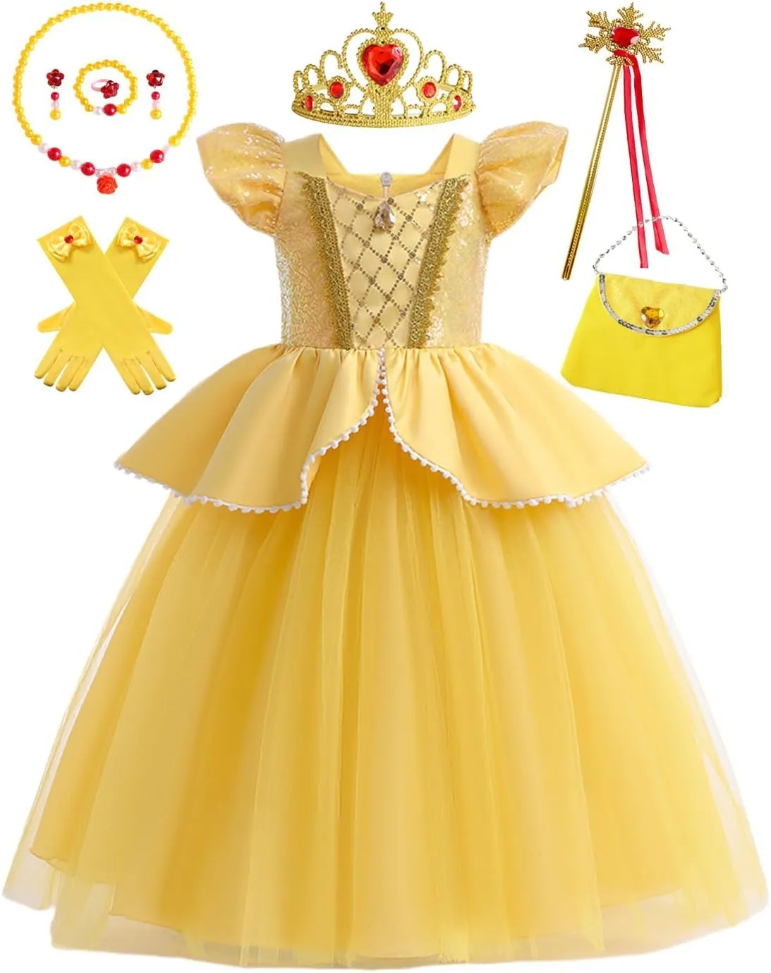 Girls Belle Princess Dress Kids Yellow Princess Costume Girls Belle Dress Up with Jewelry Accessories 5-6Years