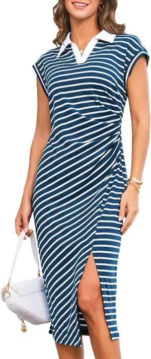 GRACE KARIN Women's Casual Summer Dresses Striped Polo V Neck Cap Sleeve Side Slit Ruched Bodycon Stretch Midi Dresses