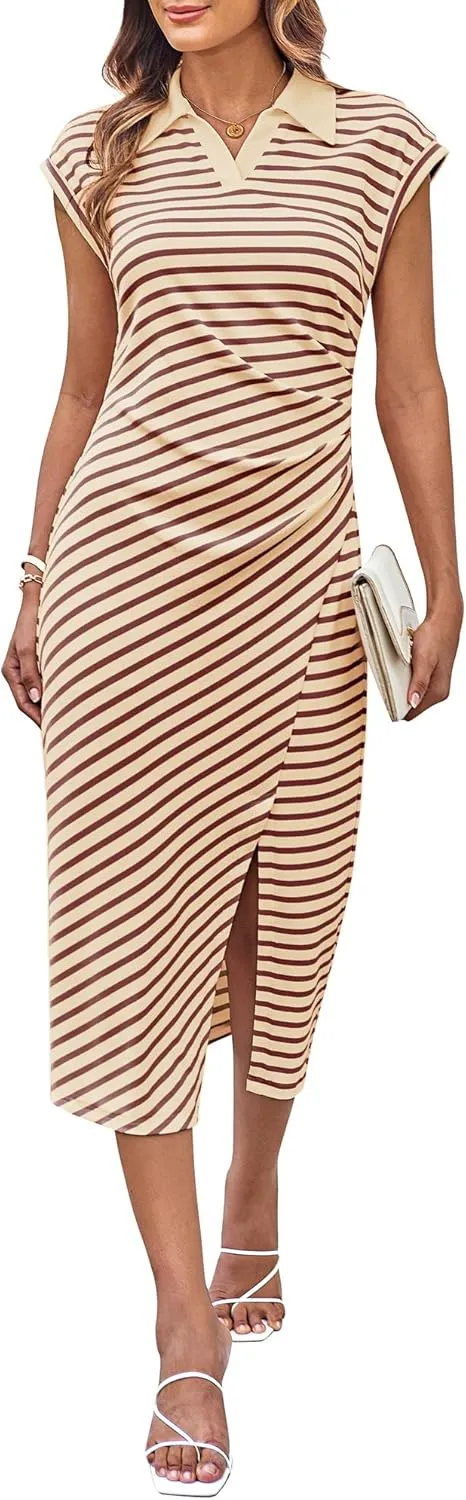 GRACE KARIN Women's Casual Summer Dresses Striped Polo V Neck Cap Sleeve Side Slit Ruched Bodycon Stretch Midi Dresses