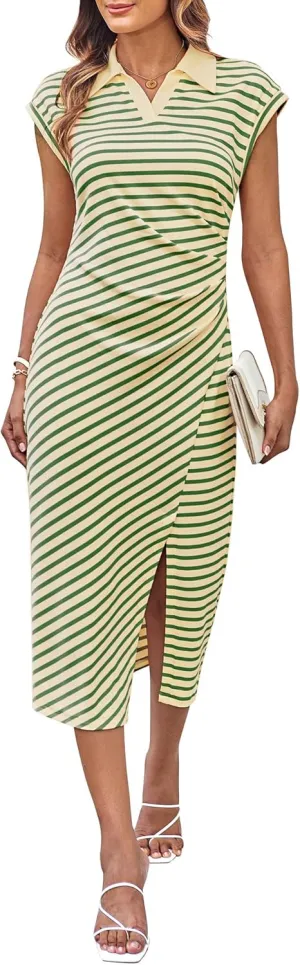 GRACE KARIN Women's Casual Summer Dresses Striped Polo V Neck Cap Sleeve Side Slit Ruched Bodycon Stretch Midi Dresses