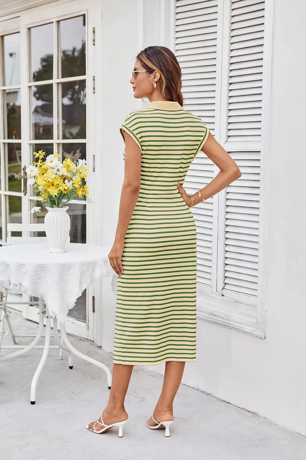 GRACE KARIN Women's Casual Summer Dresses Striped Polo V Neck Cap Sleeve Side Slit Ruched Bodycon Stretch Midi Dresses