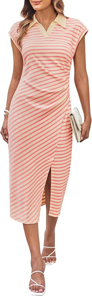 GRACE KARIN Women's Casual Summer Dresses Striped Polo V Neck Cap Sleeve Side Slit Ruched Bodycon Stretch Midi Dresses