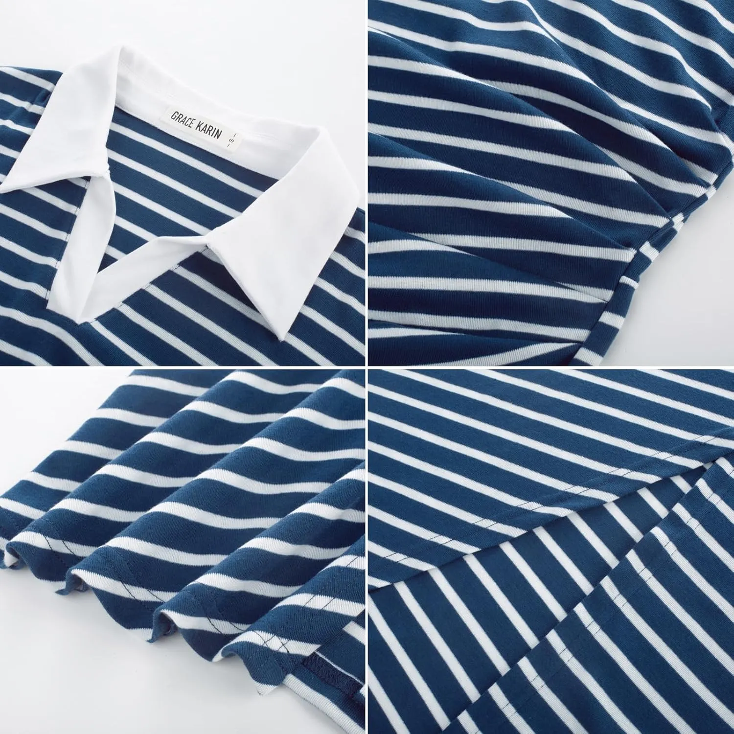 GRACE KARIN Women's Casual Summer Dresses Striped Polo V Neck Cap Sleeve Side Slit Ruched Bodycon Stretch Midi Dresses