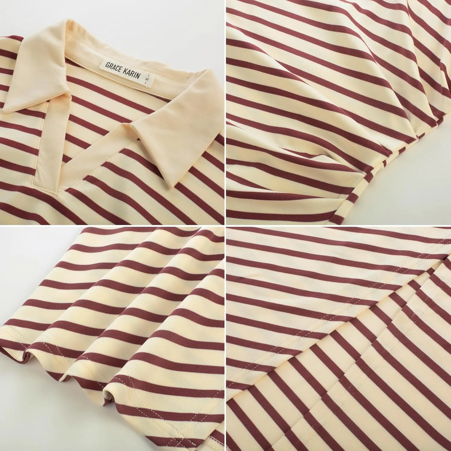 GRACE KARIN Women's Casual Summer Dresses Striped Polo V Neck Cap Sleeve Side Slit Ruched Bodycon Stretch Midi Dresses