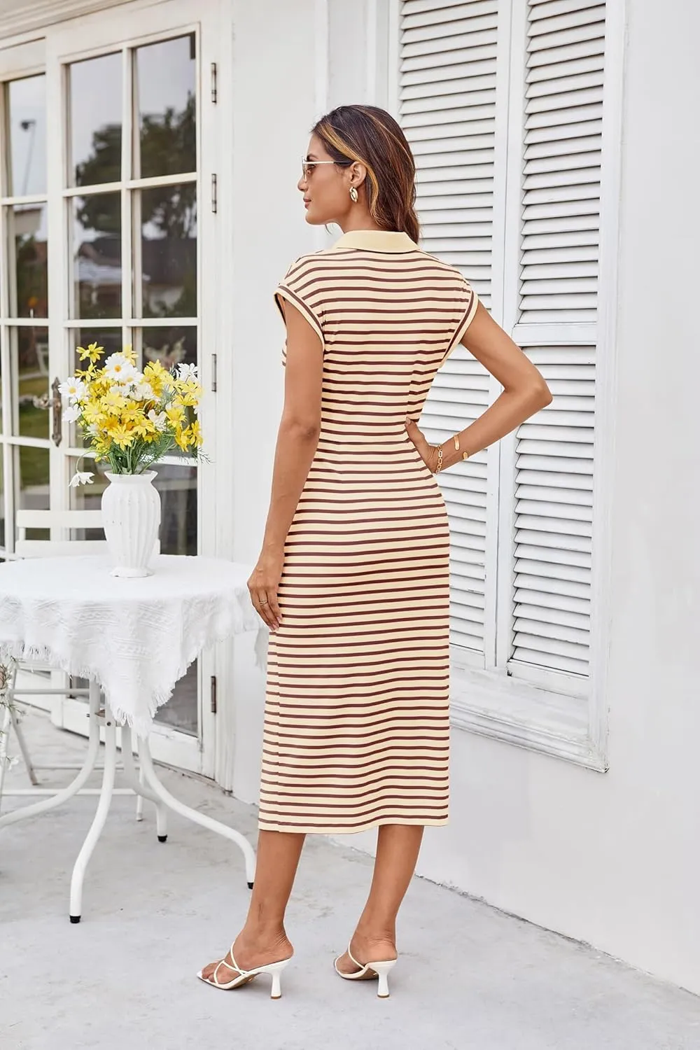 GRACE KARIN Women's Casual Summer Dresses Striped Polo V Neck Cap Sleeve Side Slit Ruched Bodycon Stretch Midi Dresses