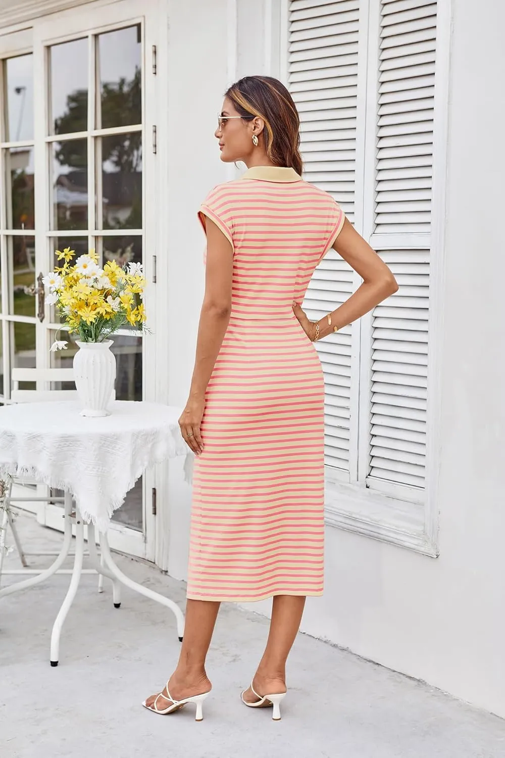 GRACE KARIN Women's Casual Summer Dresses Striped Polo V Neck Cap Sleeve Side Slit Ruched Bodycon Stretch Midi Dresses