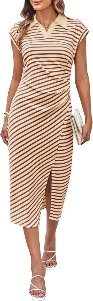 GRACE KARIN Women's Casual Summer Dresses Striped Polo V Neck Cap Sleeve Side Slit Ruched Bodycon Stretch Midi Dresses