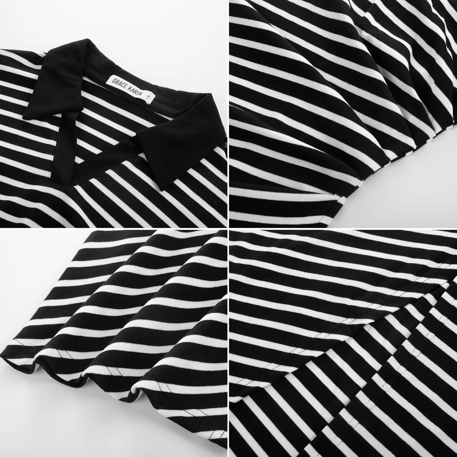 GRACE KARIN Women's Casual Summer Dresses Striped Polo V Neck Cap Sleeve Side Slit Ruched Bodycon Stretch Midi Dresses