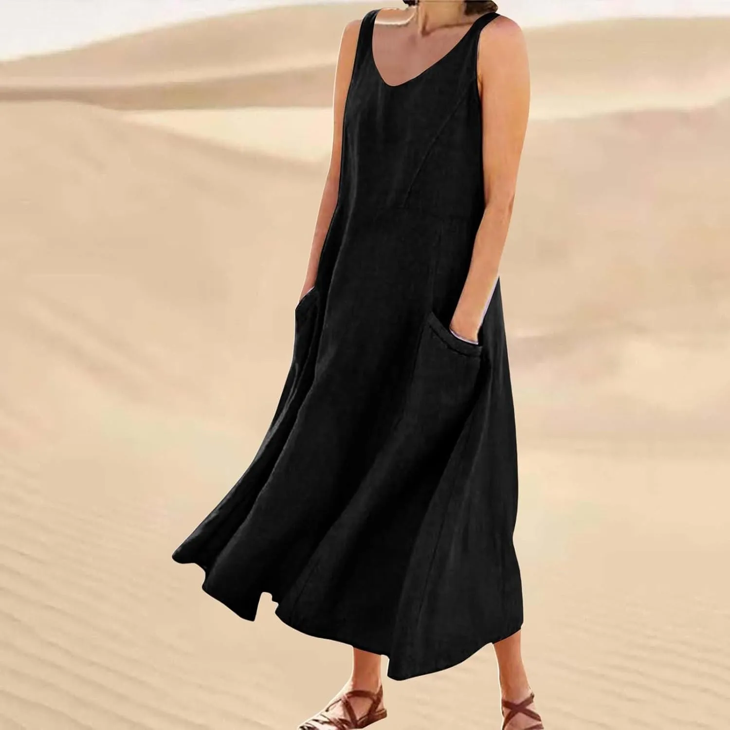 High Waisted A Line Dresses Women's Fashionable Casual Solid Color Pocket V Neck Sleeveless Casual Dress Summer