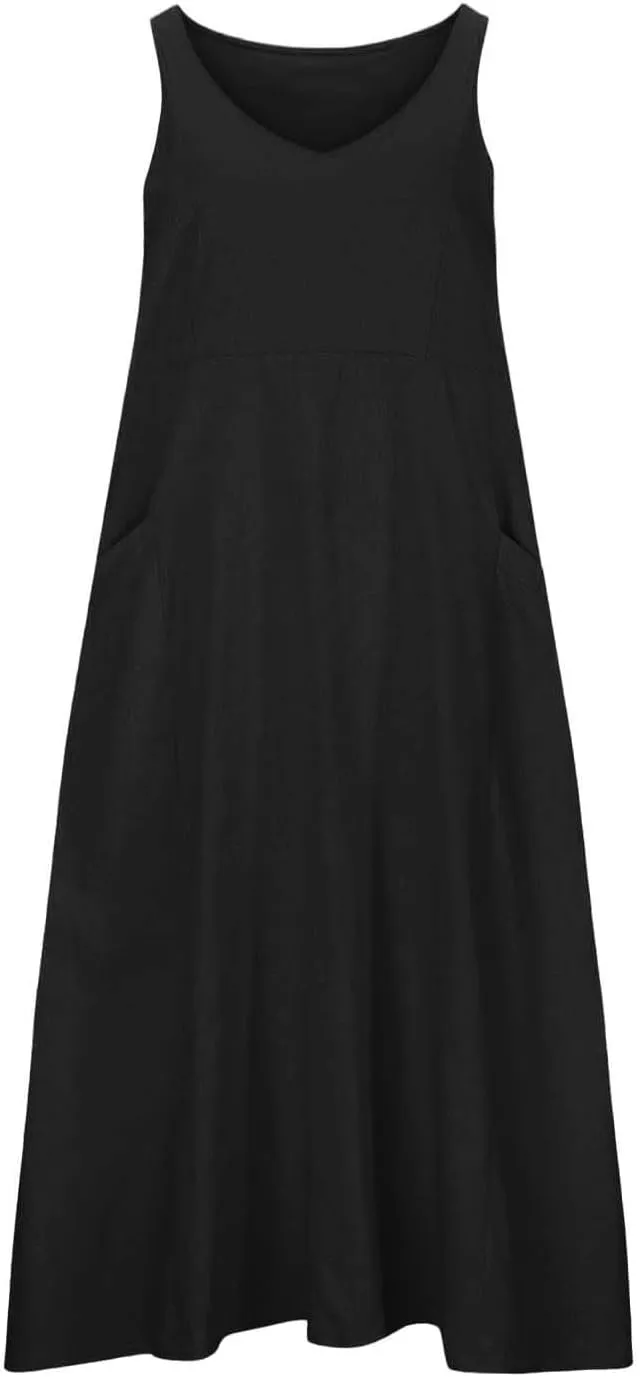 High Waisted A Line Dresses Women's Fashionable Casual Solid Color Pocket V Neck Sleeveless Casual Dress Summer