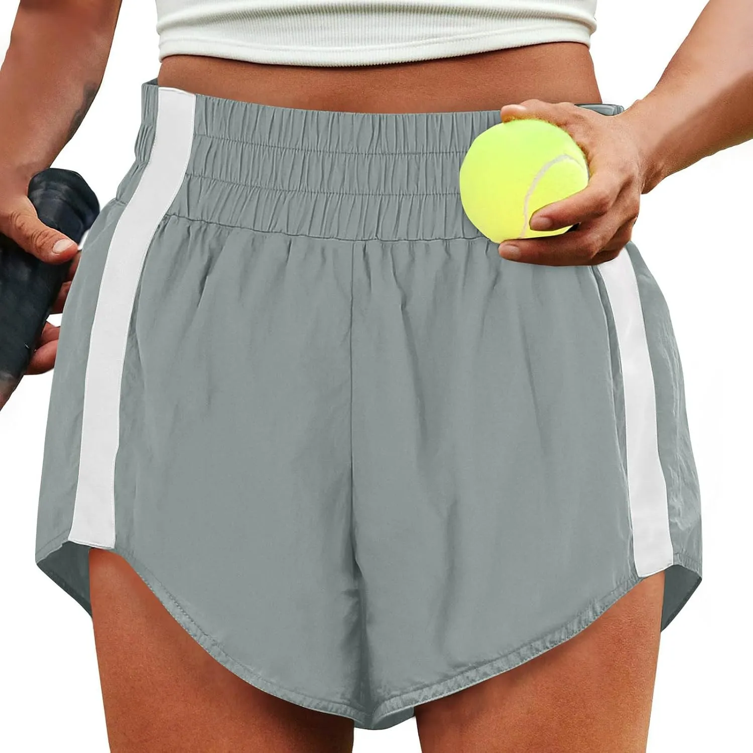 High Waisted Athletic Running Quick Dry Sports Shorts Lightweight Elastic Waist Tennis Shorts Side Stripes